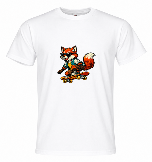weißes Shirtgeist T-Shirt mit KI-Motiv „Fuchs mit Sonnenbrille auf einem Skateboard, Retro-Stil", von Hand gedruckt in Deutschland, 100 % Baumwolle